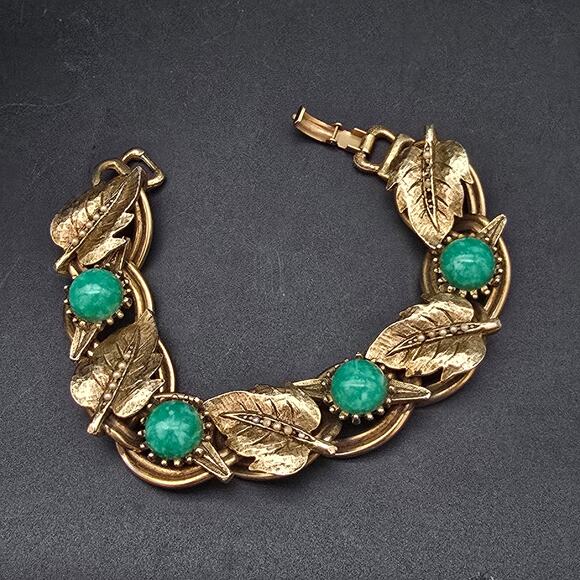 Vintage Peking Glass Leaf Bracelet Gold Tone Faux Seed Pearls Leaves - Picture 8 of 9